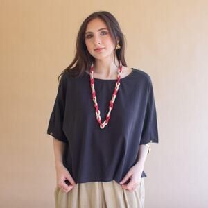 La Lou Short Sleeve Linen Blend Blouse – Midnight Oversized Top NWT